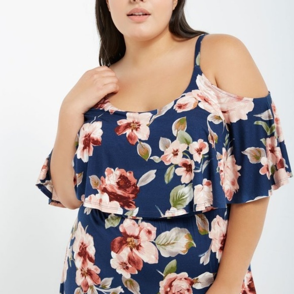 NWT Fall Floral Cold Shoulder Ruffle Maxi Dress - Picture 3 of 3